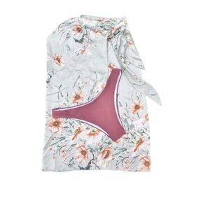 2 Piece Swimsuit Set Adj Floral Tie‎ Satin Sarong (M) and Bikini Bottom (XL)